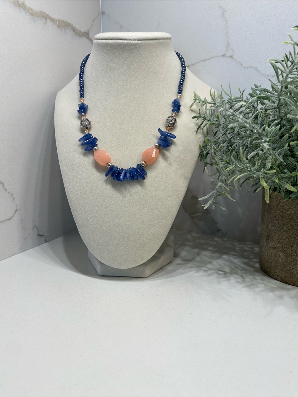 Handcrafted Blue and Peach Beaded Statement Necklace